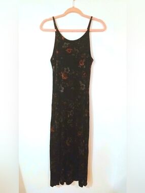 Vintage 90s Betsey Johnson Floral Velvet Maxi Dress Black Velvet Slip Dress L